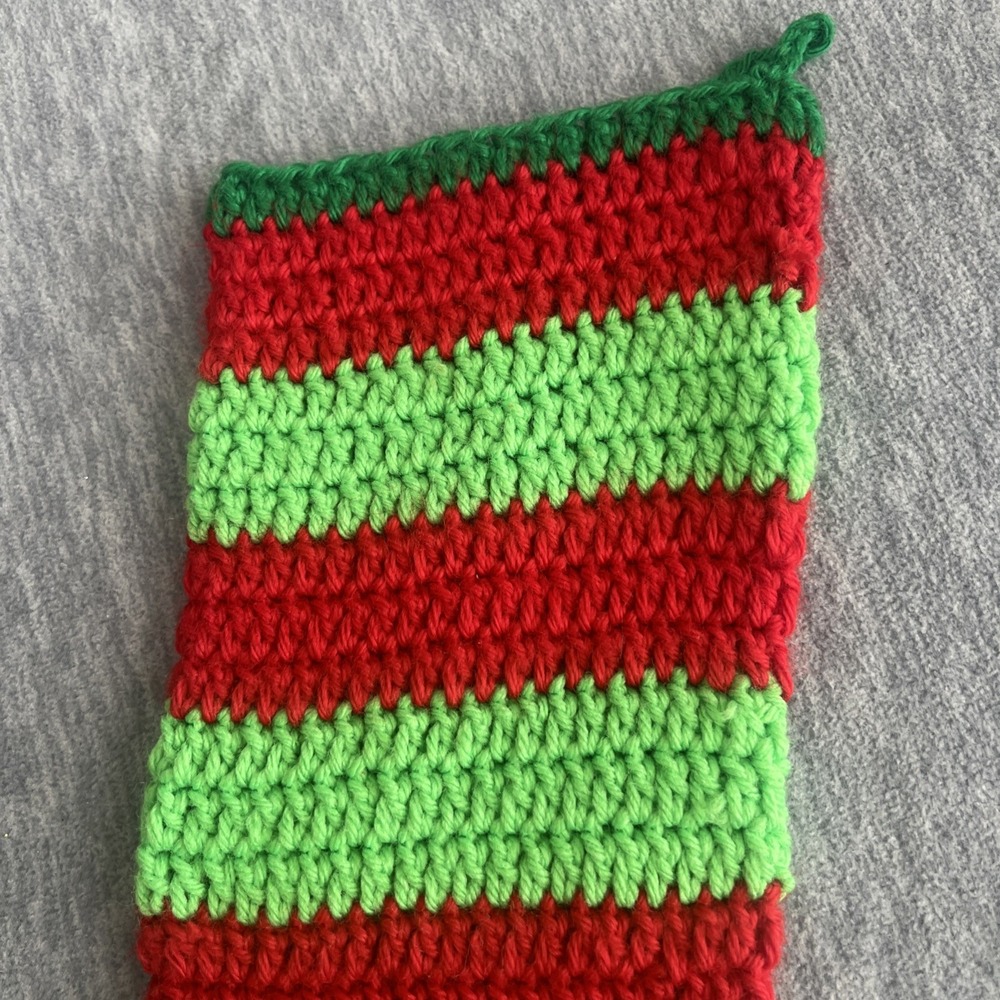 Crochet Christmas Striped Stocking Handmade Red Green Grannycore Vintage 17" EUC - Picture 7 of 12
